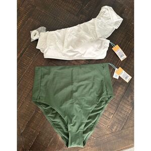 Kona Sol Green High Rise Bottom and Pink One Shoulder Ruffle Bikini Size Large